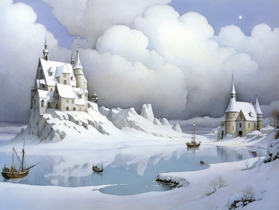 Winter Landscape with Castle and Reflective Lake