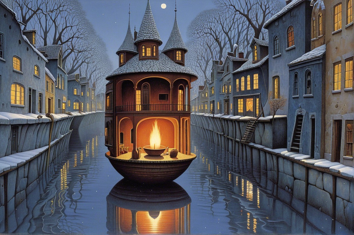 Floating House in a Wintry Canal Landscape