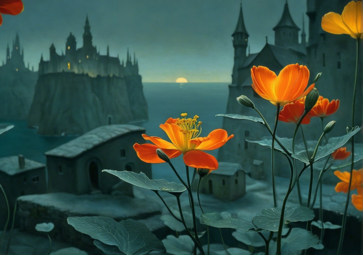 Vibrant Orange Flowers in a Mystical Landscape Scene