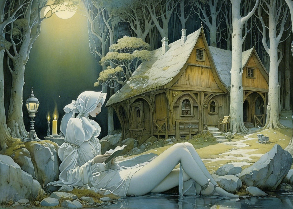 Serene Woman Reading by Moonlit Lake in Forest