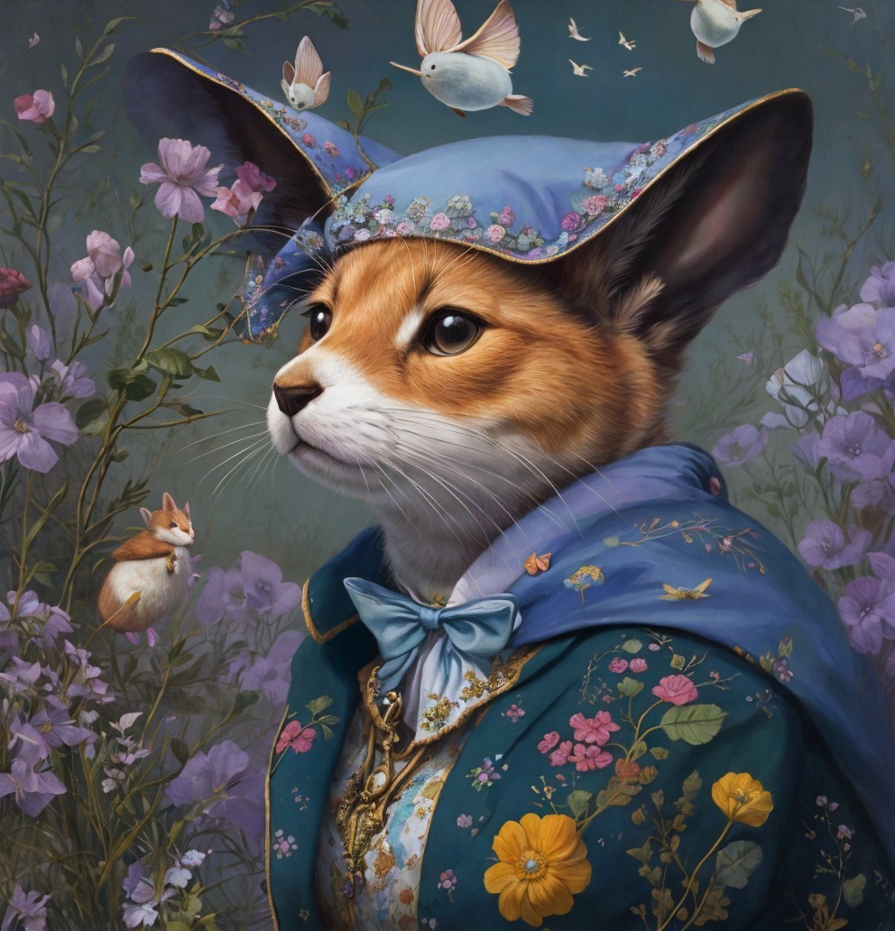 Whimsical Fox in Floral Cloak and Hat in Nature