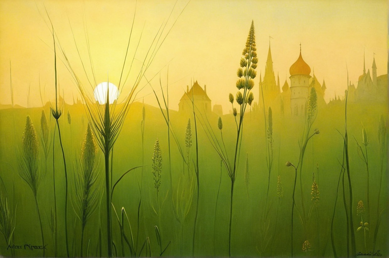 Serene Sunrise Landscape with Golden Grasses and Castles