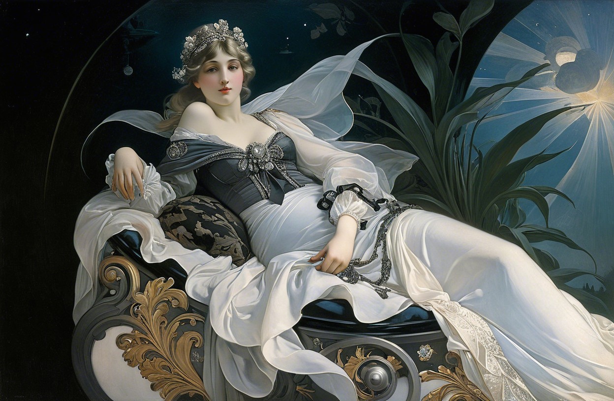 Elegant woman on ornate chaise lounge in white gown