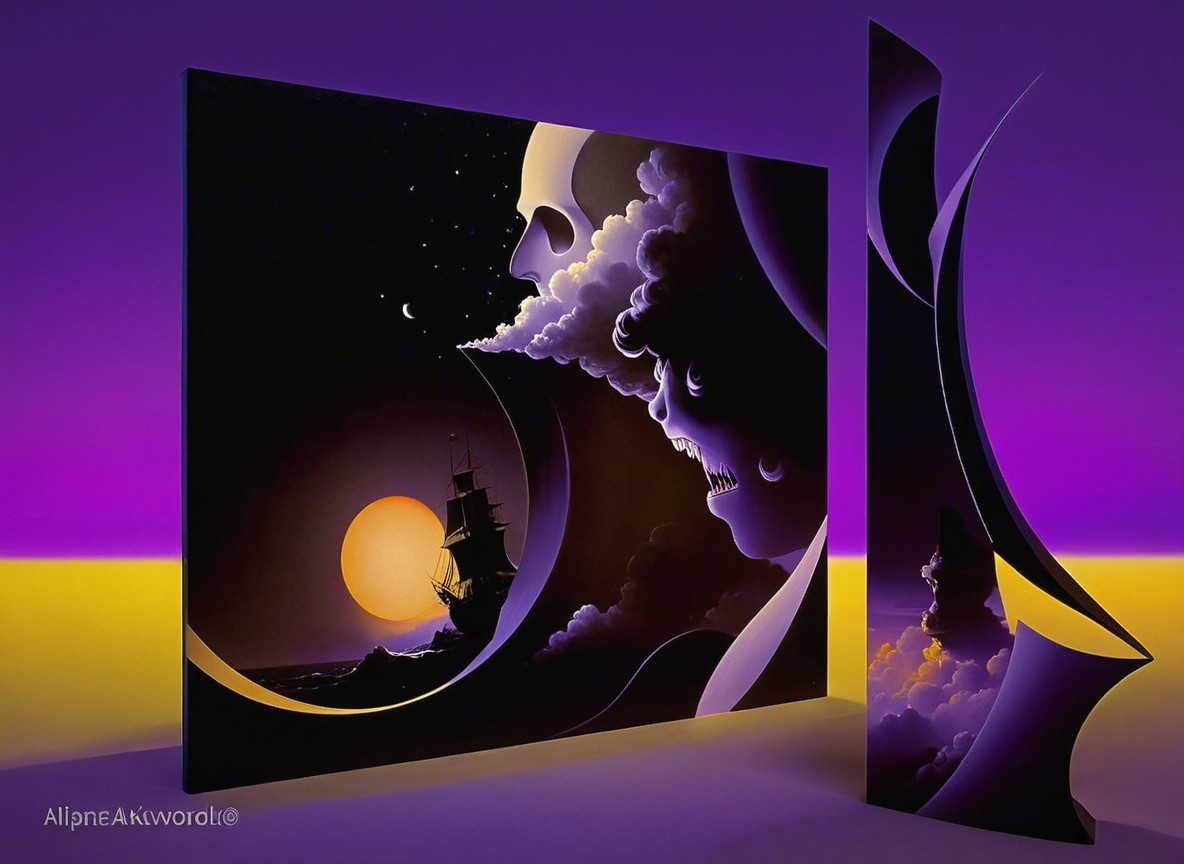 Surreal Artwork with Skull, Ship, and Dramatic Sky