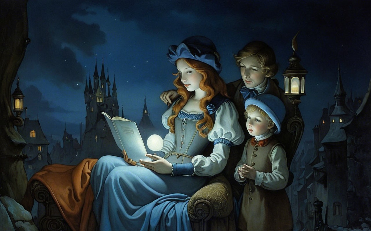 Moonlit Reading Scene with Children and Castles