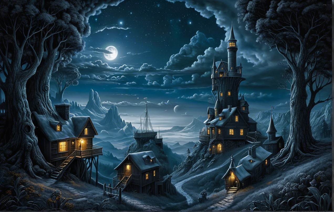 Mystical Night Scene with Tower and Quaint Houses