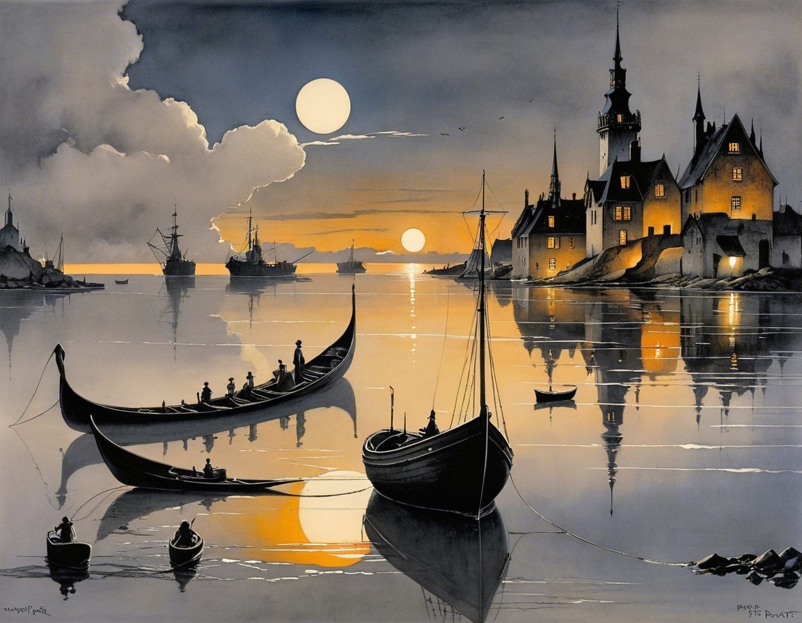 Twilight Scene with Boats and Medieval Castle