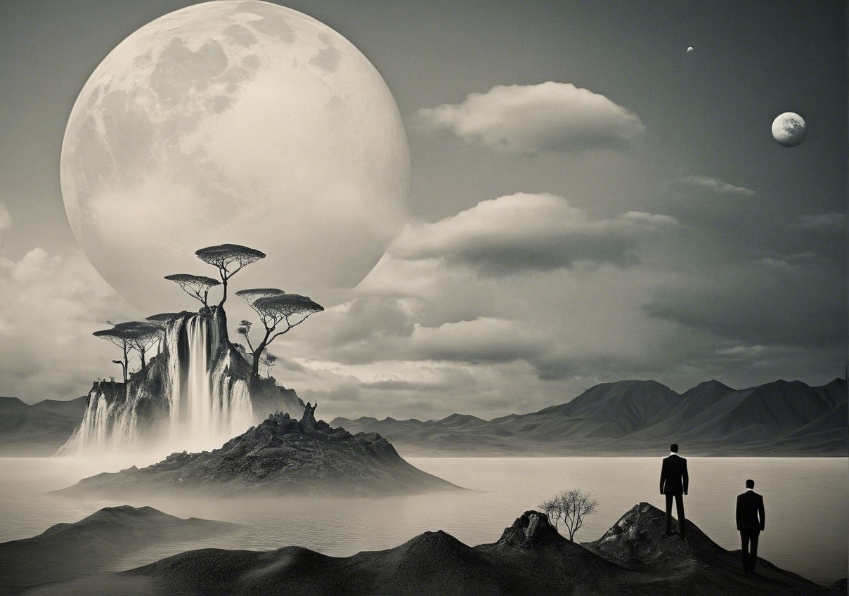 Surreal Landscape with Figures and Celestial Bodies