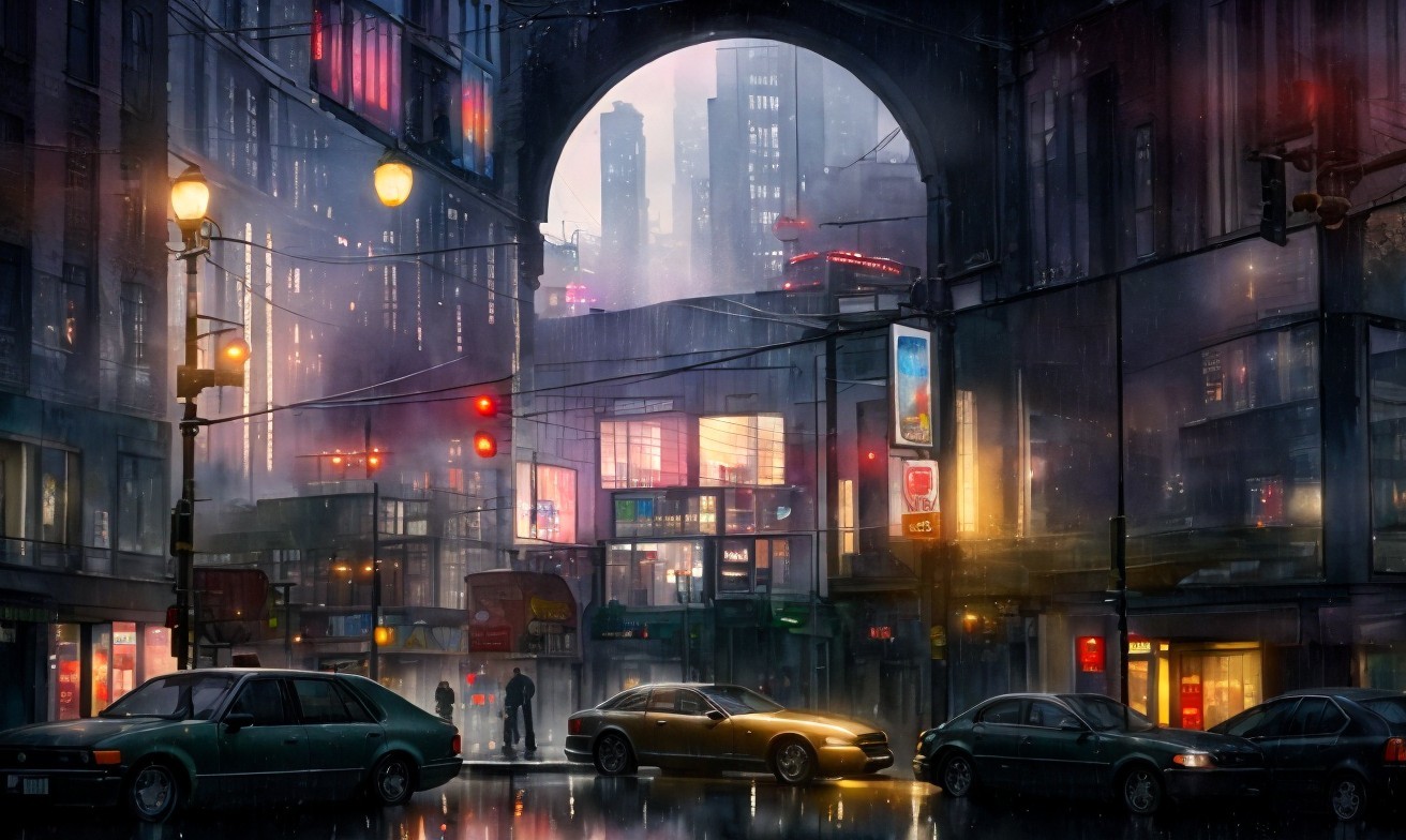 Rainy neon-lit city street with cars and towering buildings at dusk