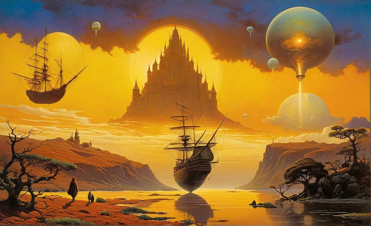 Surreal Landscape with Ships, Castle, and Celestial Skies