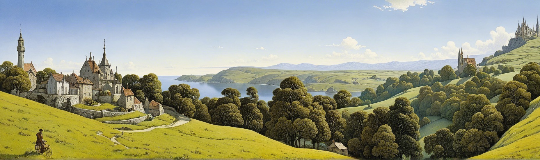 Tranquil Village Landscape with Hills and Lake