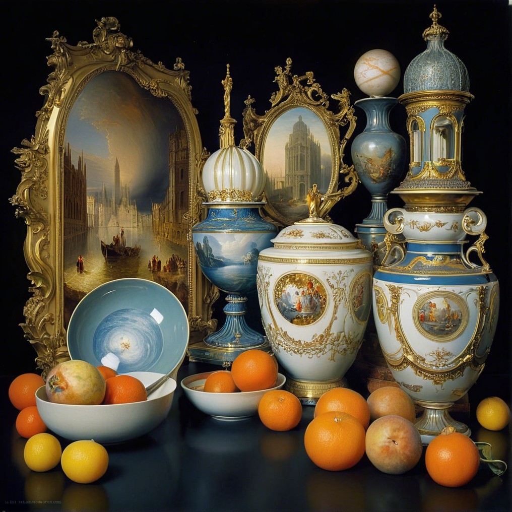 Elegant Still Life with Porcelain Vases and Fruit