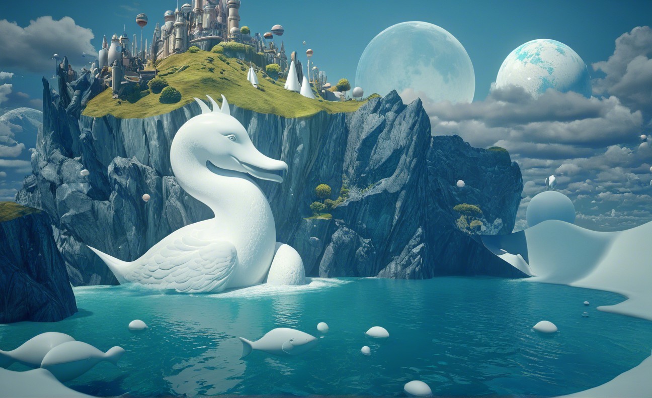 Whimsical Landscape with Swan Sculpture and Castle