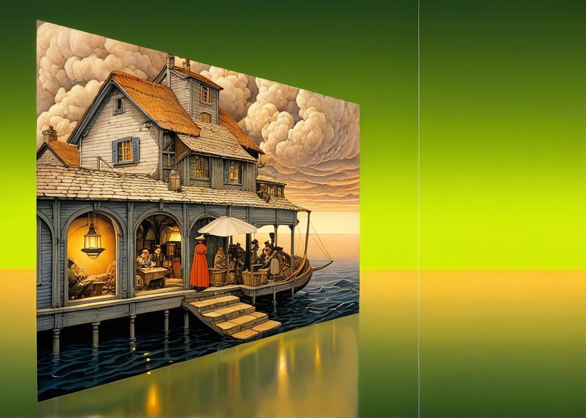 Whimsical Waterfront Scene with Sunset and Activities