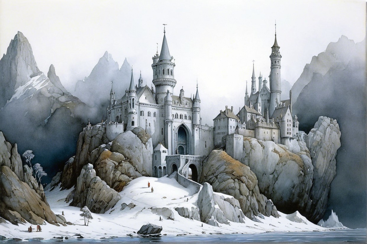 Majestic Castle on Rugged Cliffs with Snowy Mountains