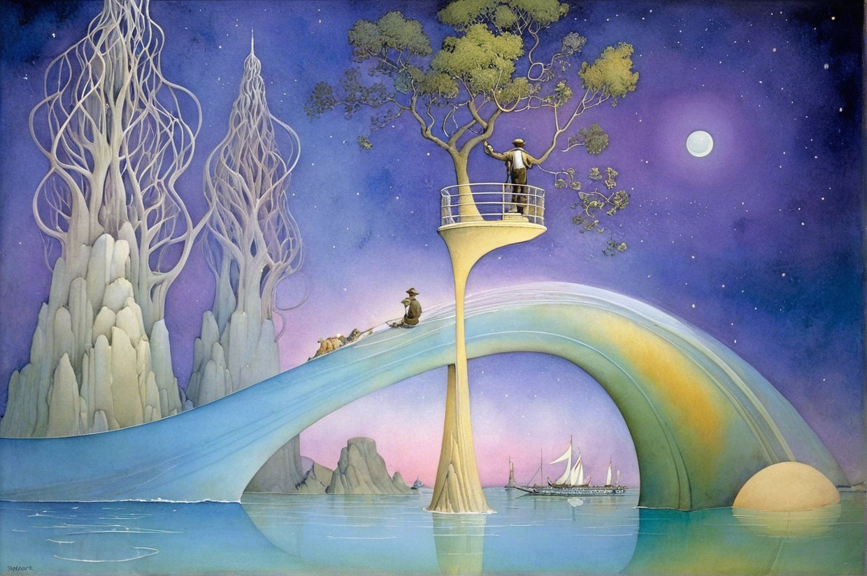 Surreal Landscape with Twisted Structures and Moonlit Sea