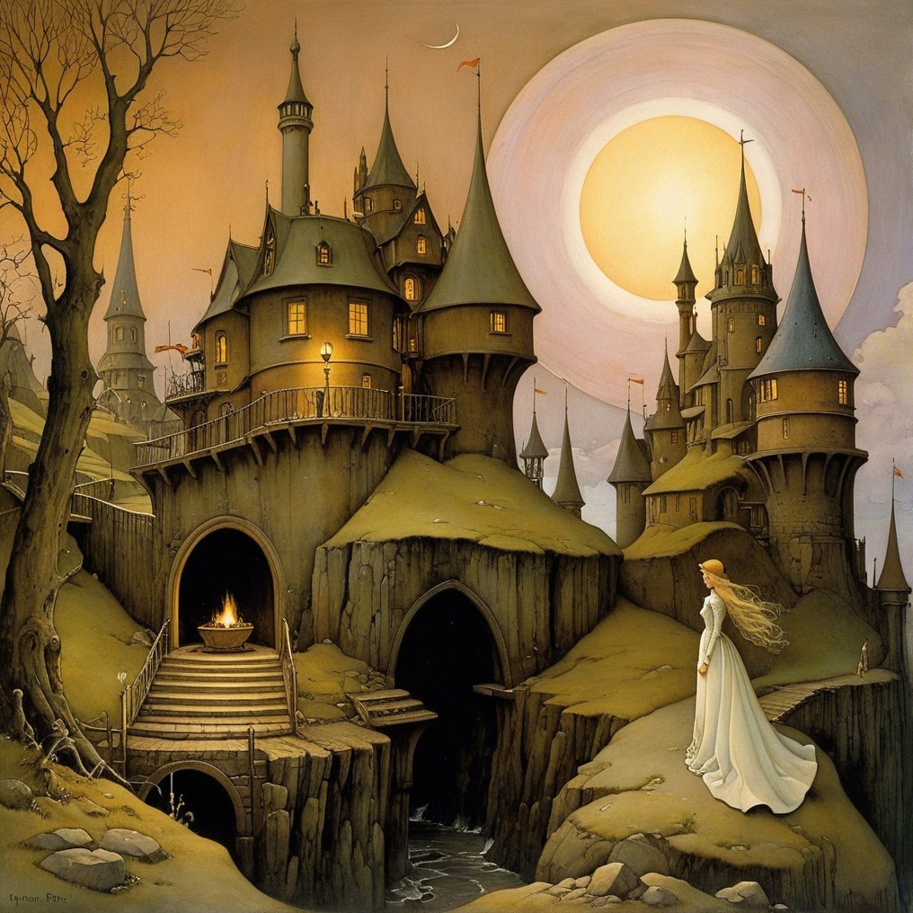 Whimsical Dreamlike Landscape with Fairy-Tale Castles