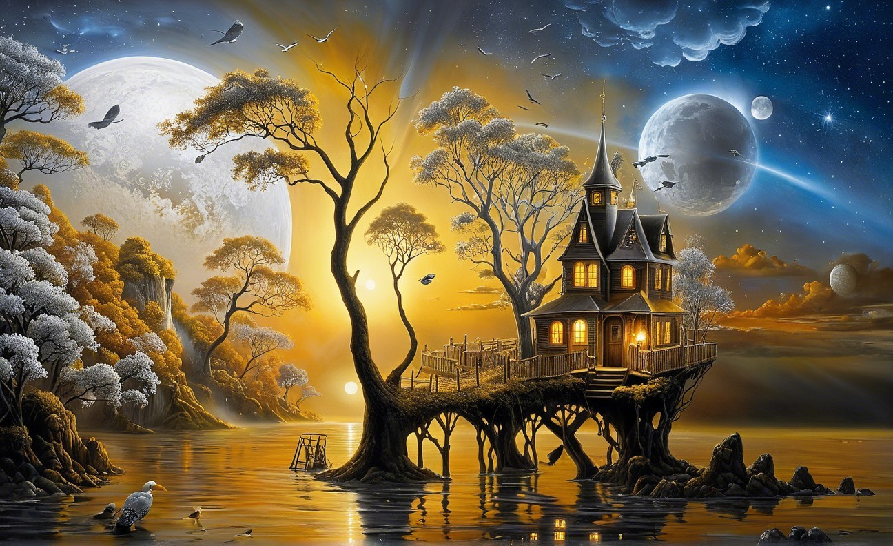 Whimsical House on Stilts Over Shimmering Lake