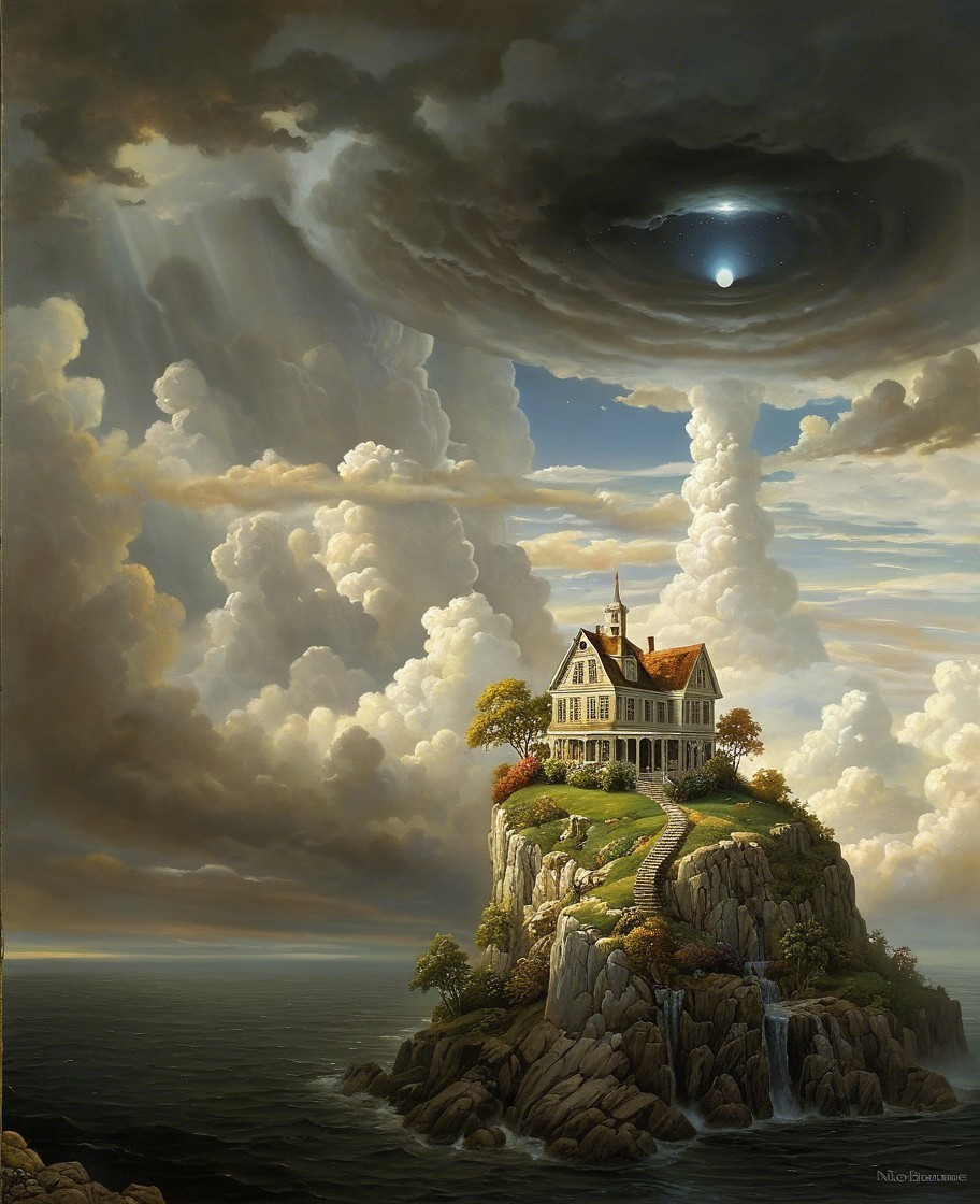 Majestic house on rocky outcrop by calm sea