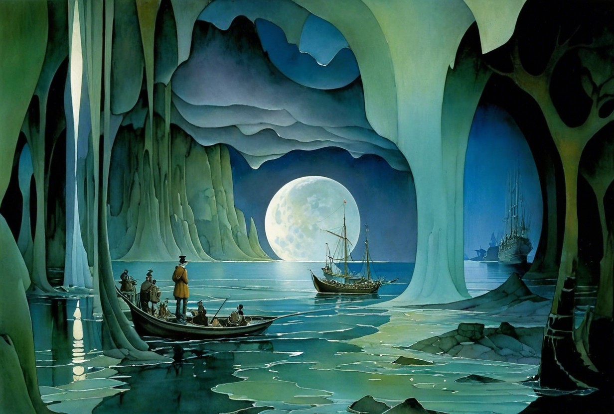 Surreal Landscape with Figures in a Boat and Moonlight
