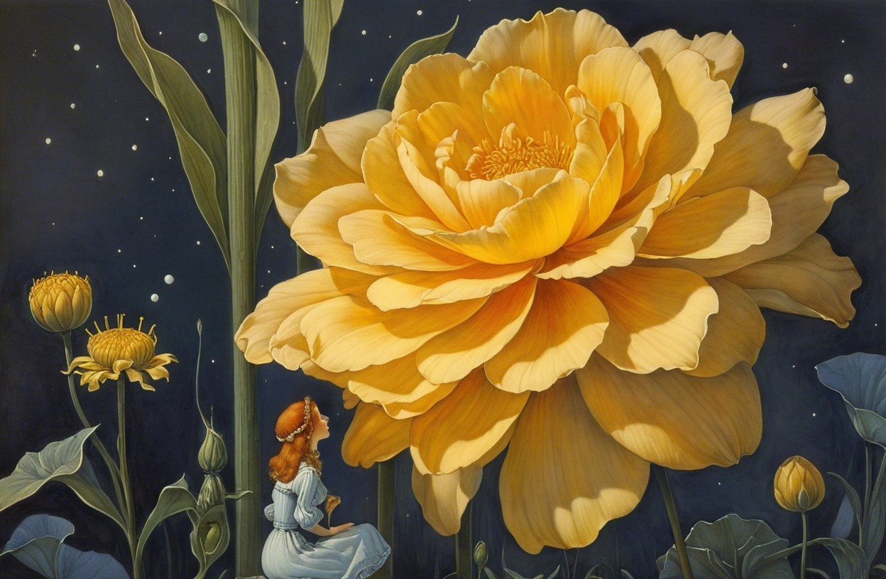 Young girl admires giant golden flower at night