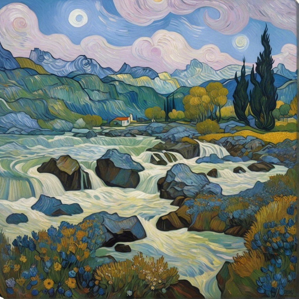 Vibrant Landscape with Cascading Water and Mountains