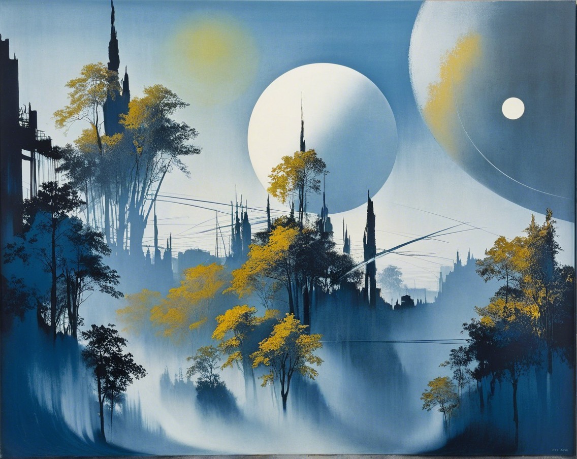 Fantastical Landscape with Celestial Bodies and Mist