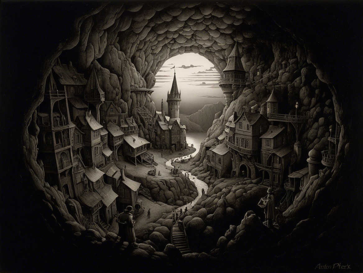 Fantastical Underground City with Intricate Stone Structures