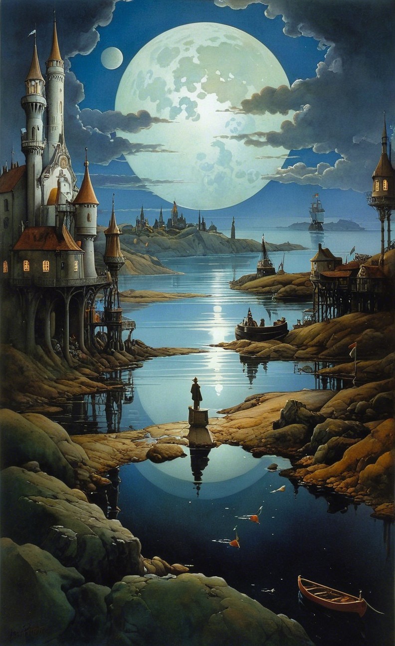 Serene Nighttime Landscape with Moonlit River