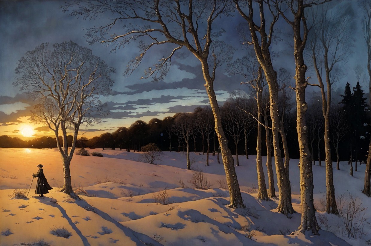 Serene winter landscape at dusk with snowy field