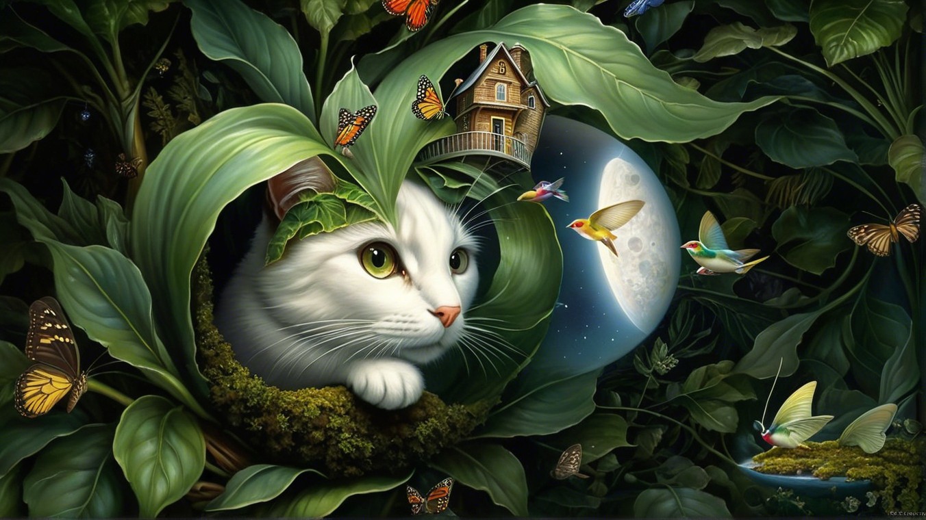 White Cat Among Green Leaves and Colorful Wildlife