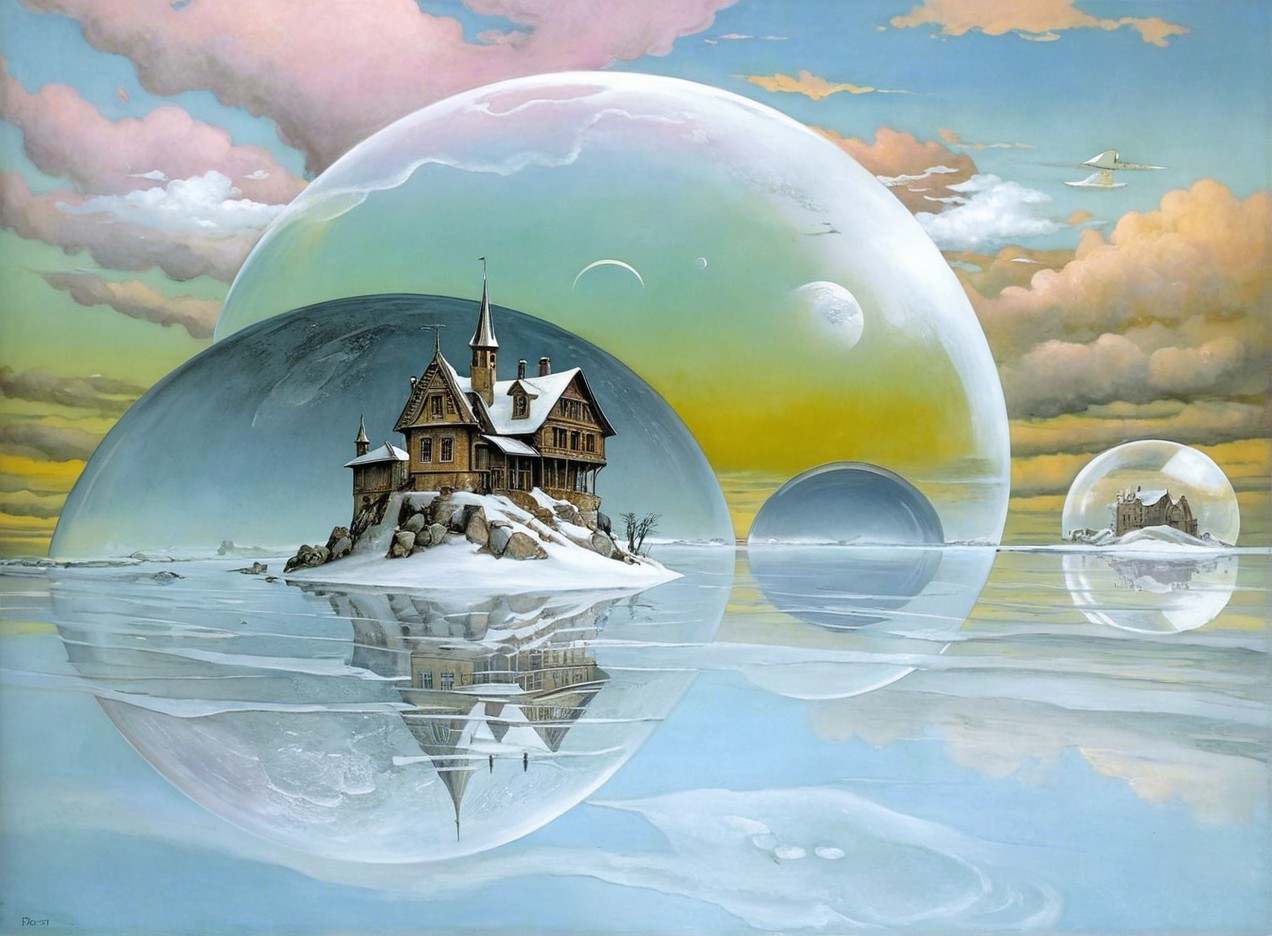 Surrealist Winter Landscape with Bubble-Encased House