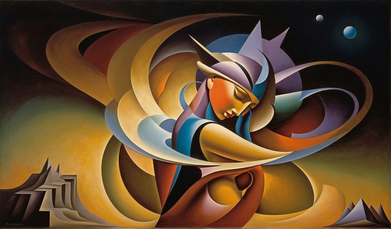 Stylized Female Figure in Vibrant Abstract Landscape