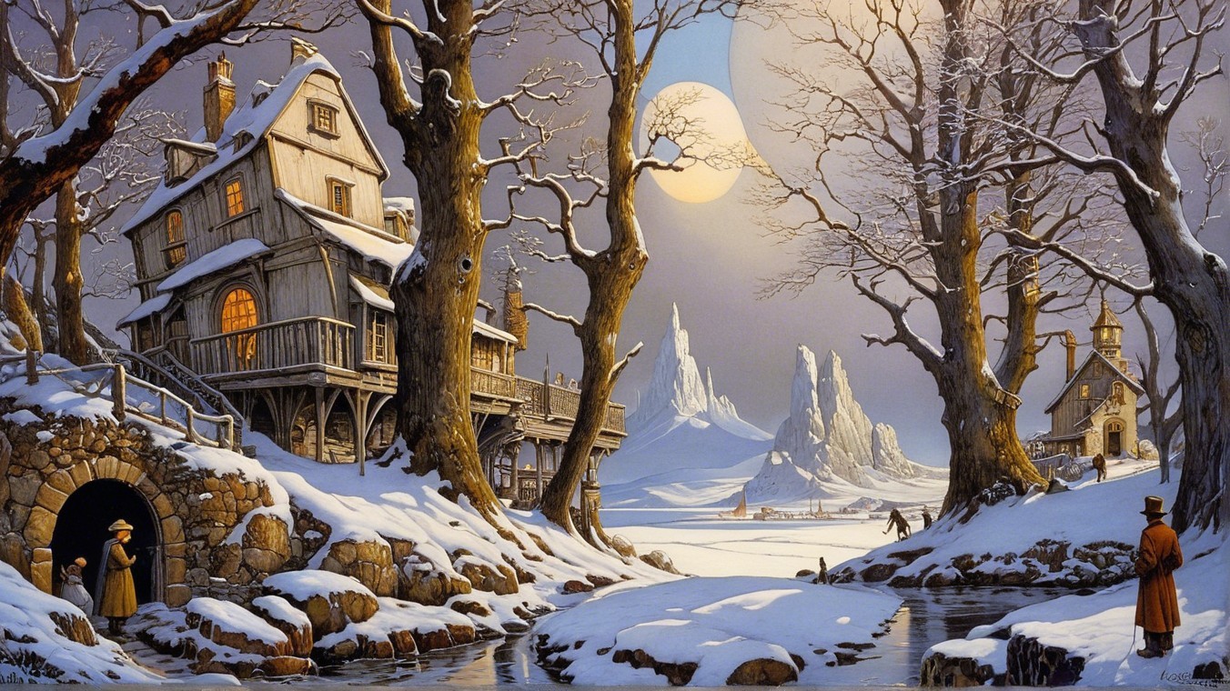 Serene Winter Landscape with Snow-Covered Village