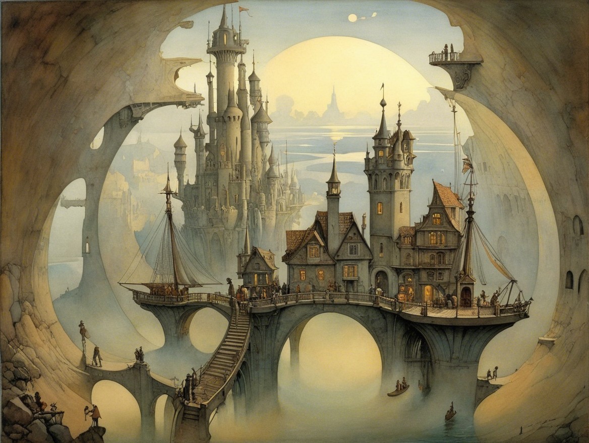 Whimsical Landscape with Castles and Ornate Bridges