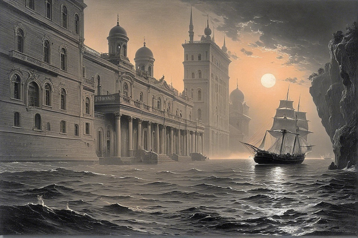 Serene Coastal Scene with Elegant Building and Sailing Ship