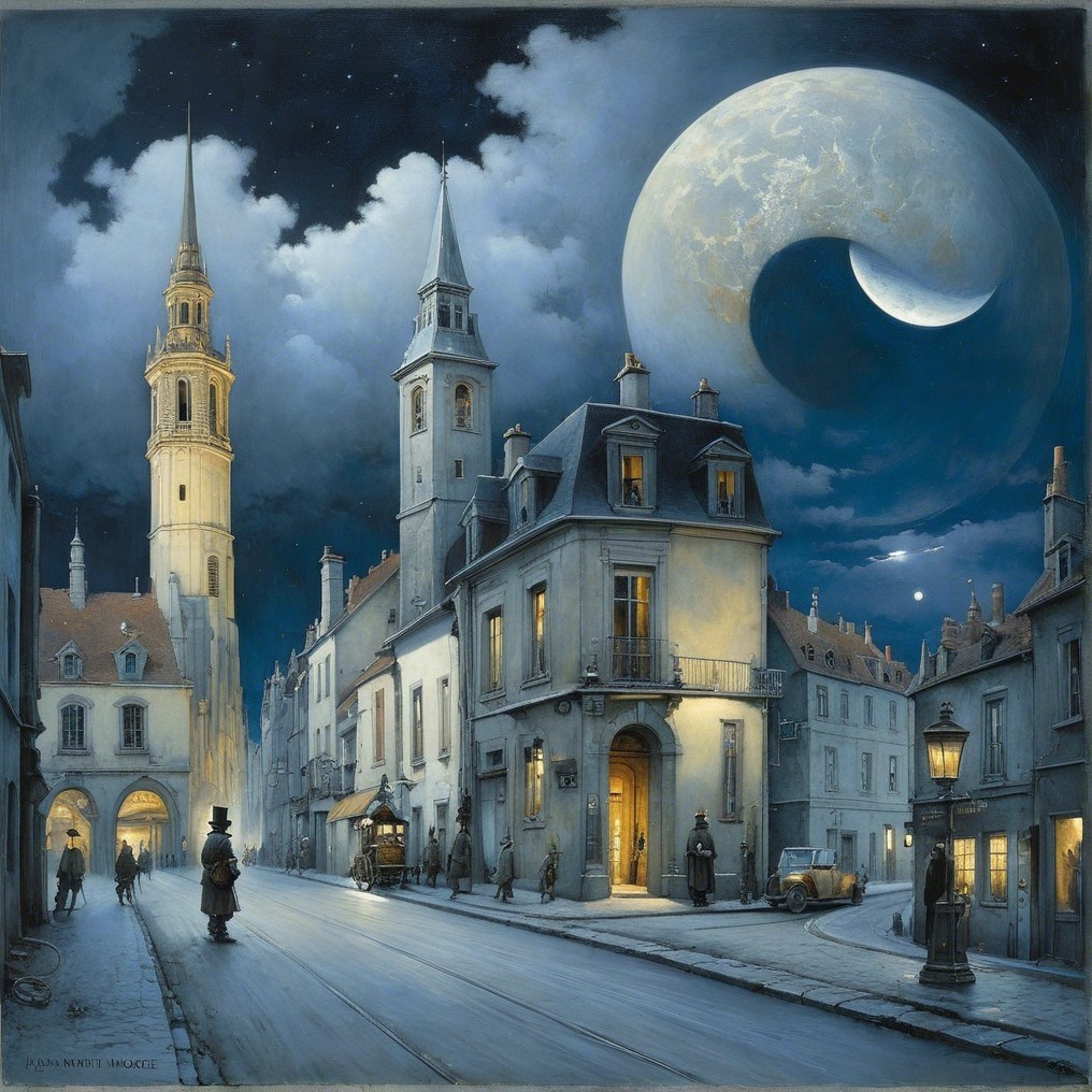 Mystical Night Scene in a Cobblestone Street