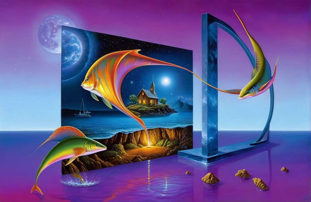 Ethereal Landscape with Oversized Fish and Portal