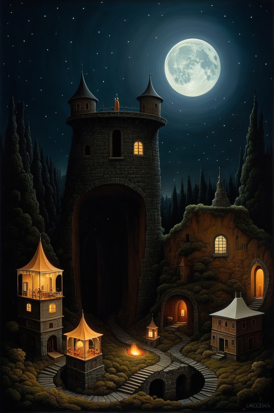 Ancient Castle Tower and Church in Lush Forest at Night