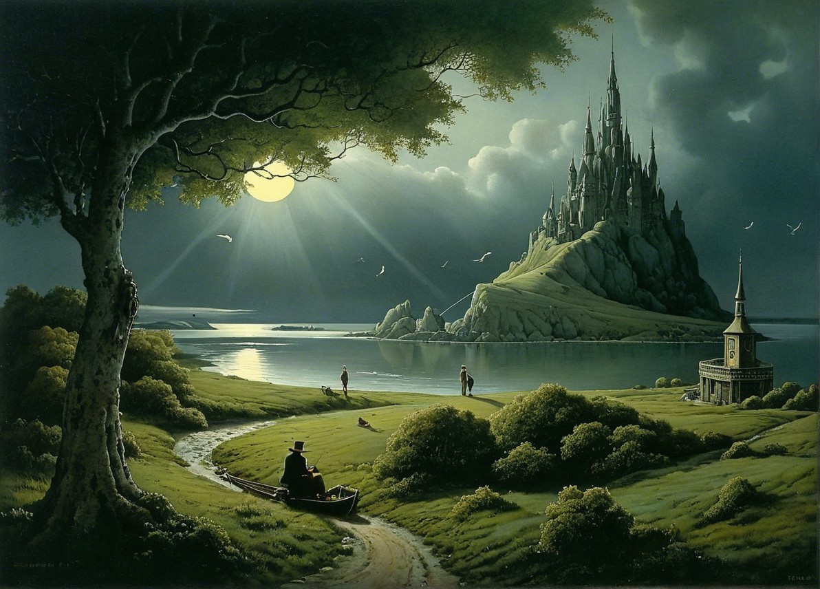 Tranquil Lake Landscape with Moonlit Sky and Castle