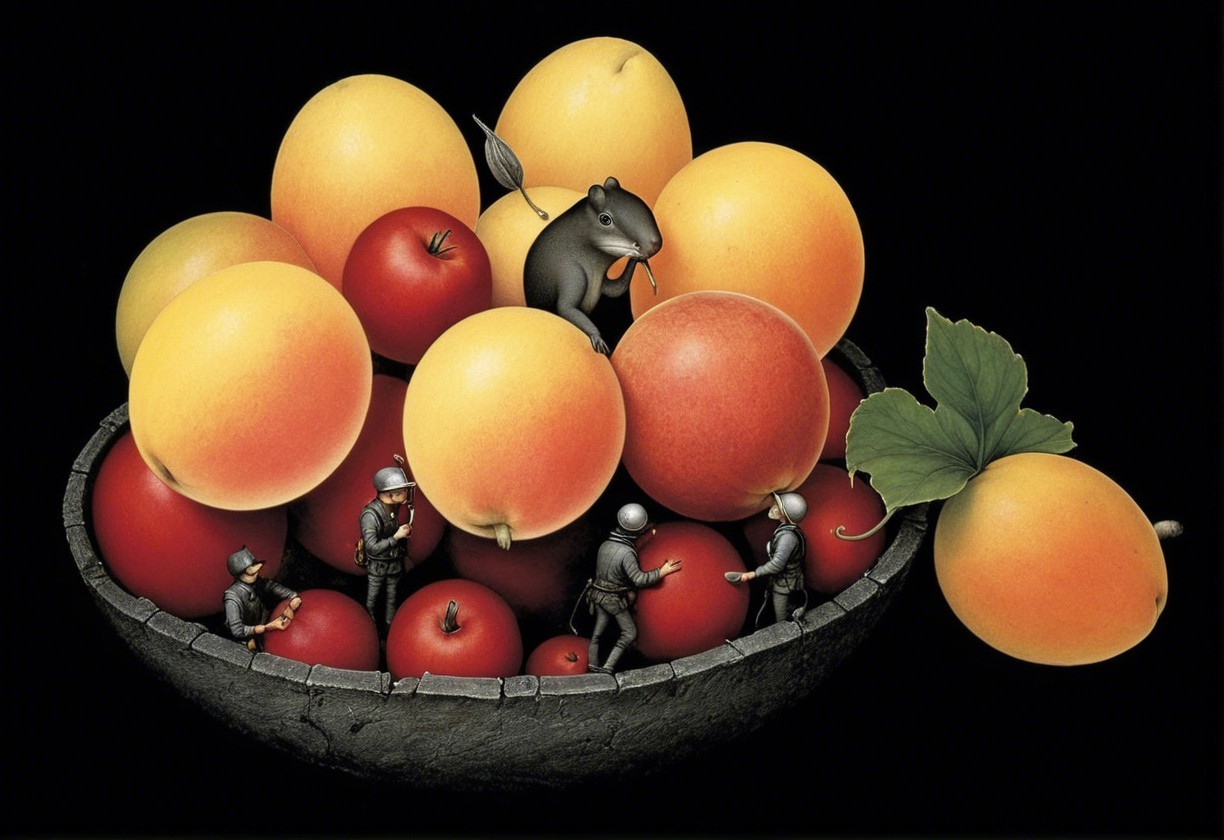 Whimsical Bowl of Colorful Fruits with Miniature Figures