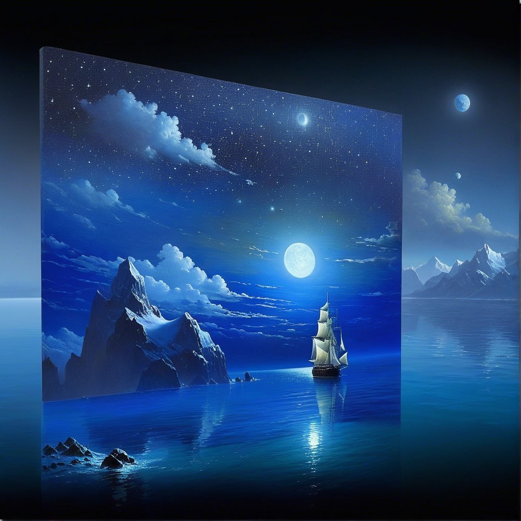 Serene Night Scene with Sailing Ship and Mountains