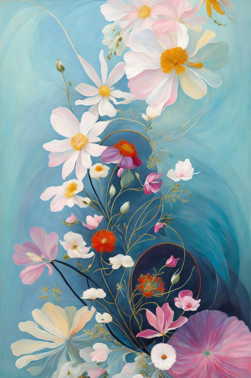 Delicate pink, white, and red flowers on golden stems against a soft blue backdrop