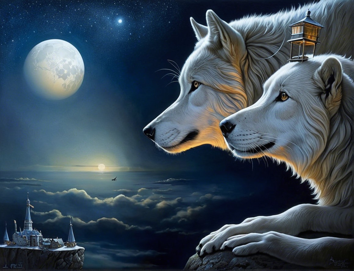 White Wolves Under Moonlight with Dreamlike Castle