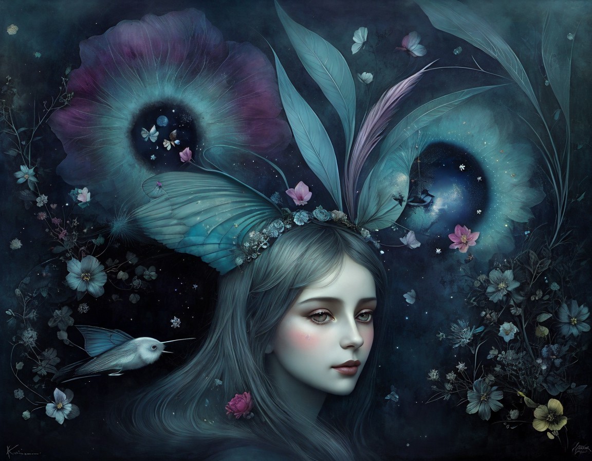 Surreal portrait of woman with butterfly wings in dark floral setting