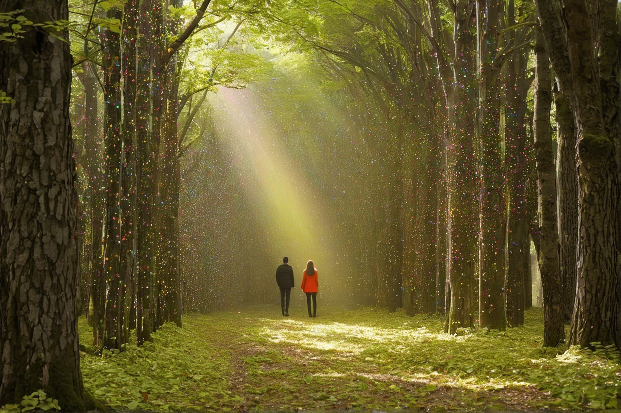 Serene forest path with illuminated trees and figures