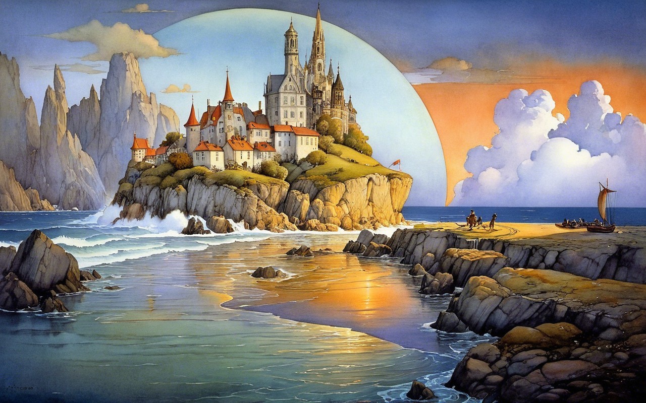 Medieval Castle on Rocky Island in Fantasy Landscape