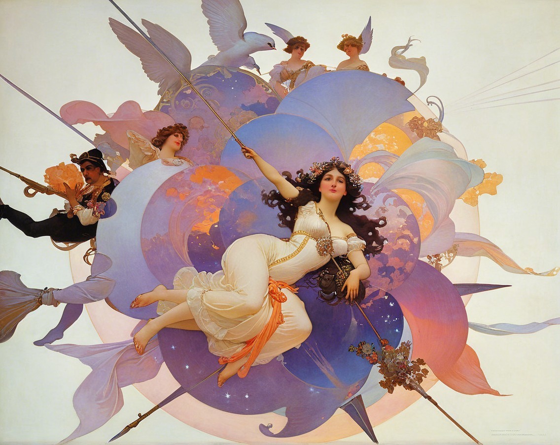 Fantastical Scene with Ethereal Beings and Colors
