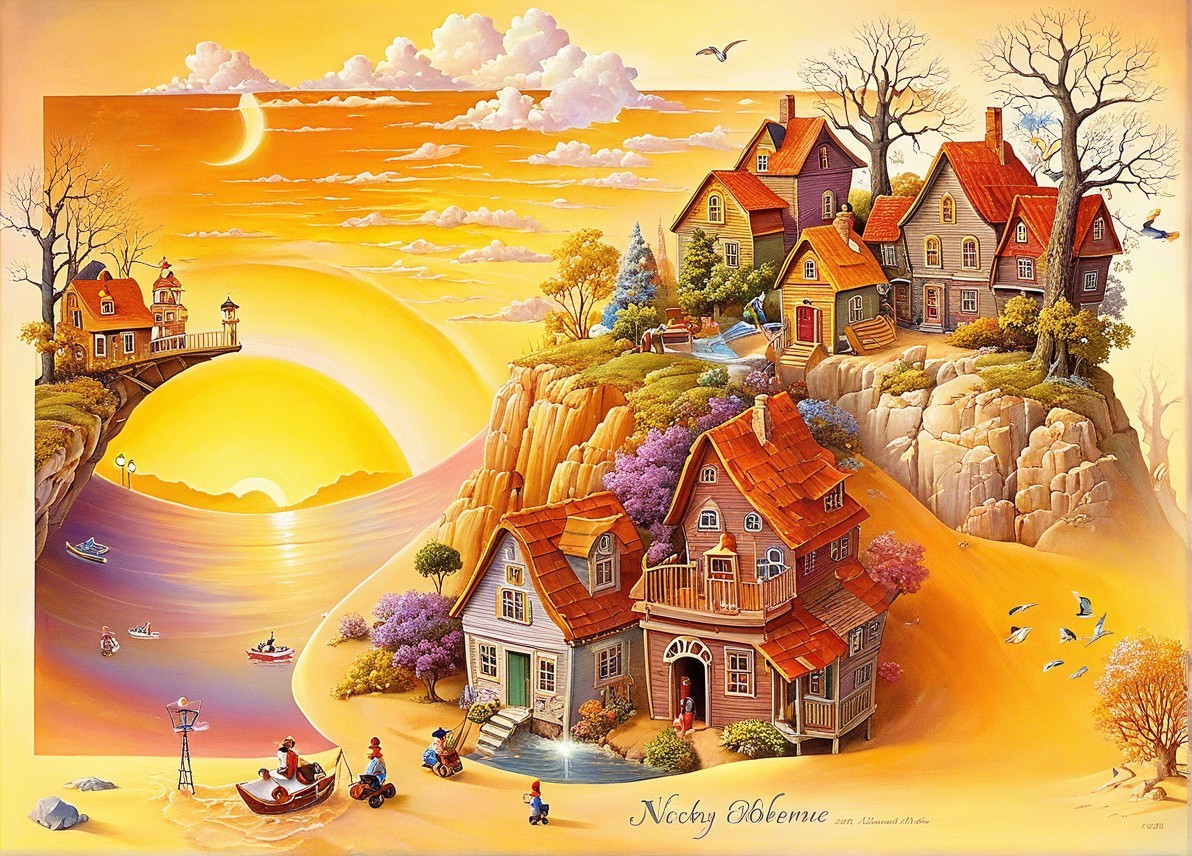 Vibrant Sunset Over Whimsical Cliffside Landscape