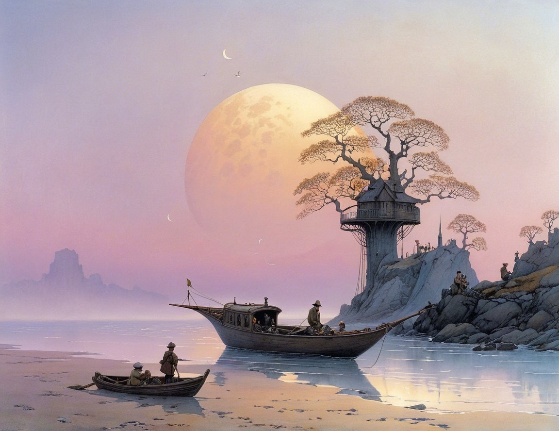 Twilight Landscape with Boats and Treehouse Overlook